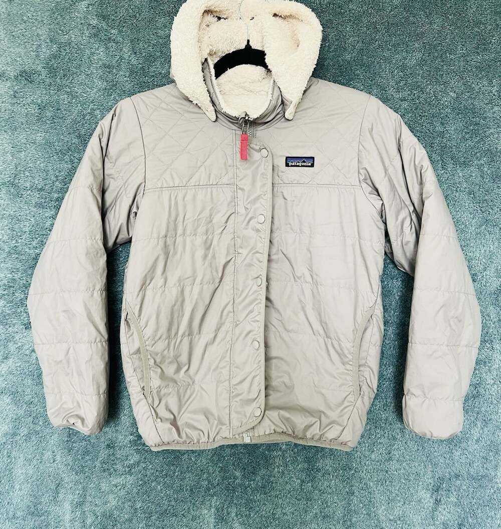 Patagonia Hooded Puffer Jacket Gray Sherpa Lined Snap Zip Coat